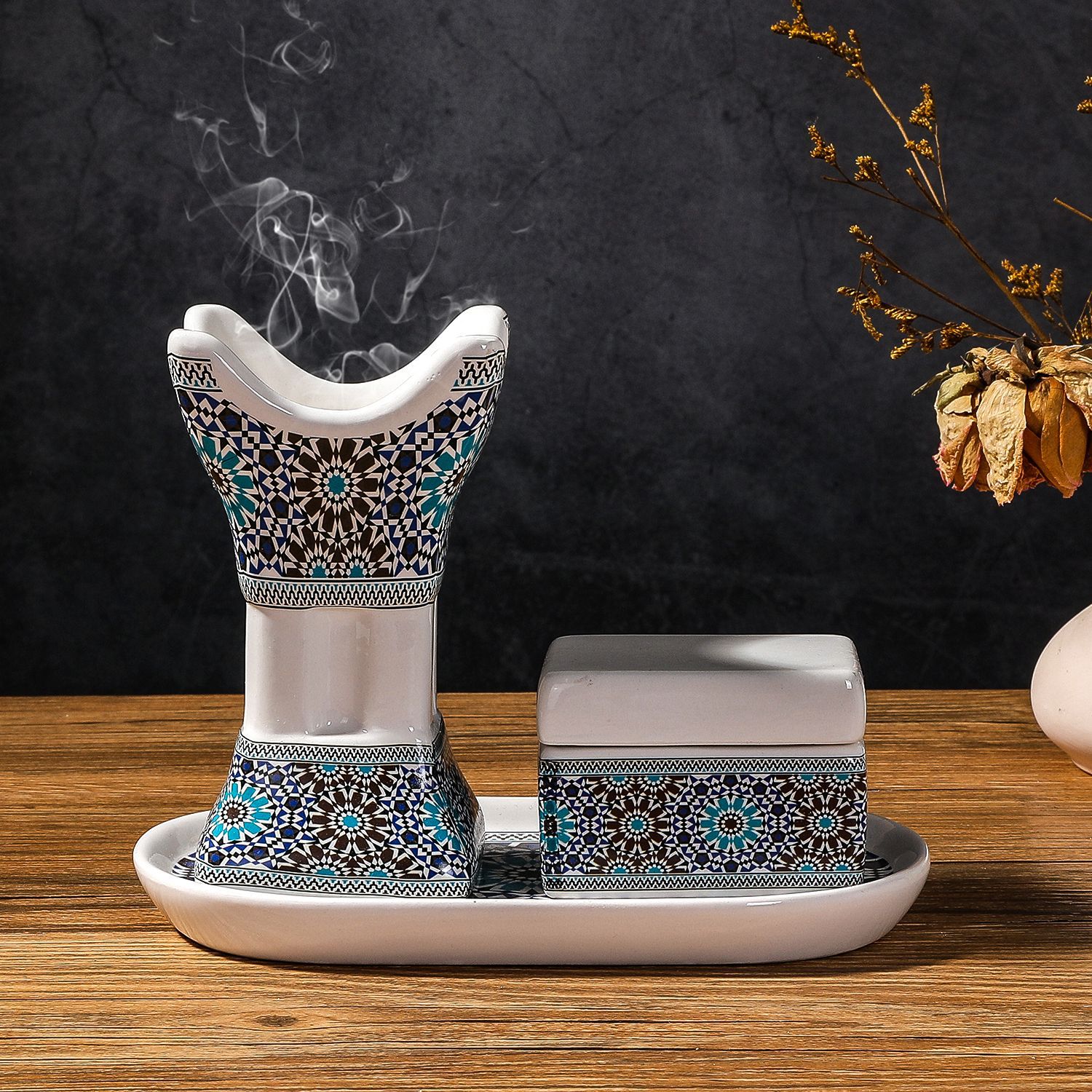 Incense Holder - Arabic Ceramic Printed Four-corner Incense Burner